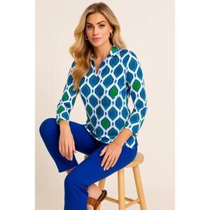 Jude Connally Chris Tunic XS Blue Green Geometric Stretch Travel Knit USA